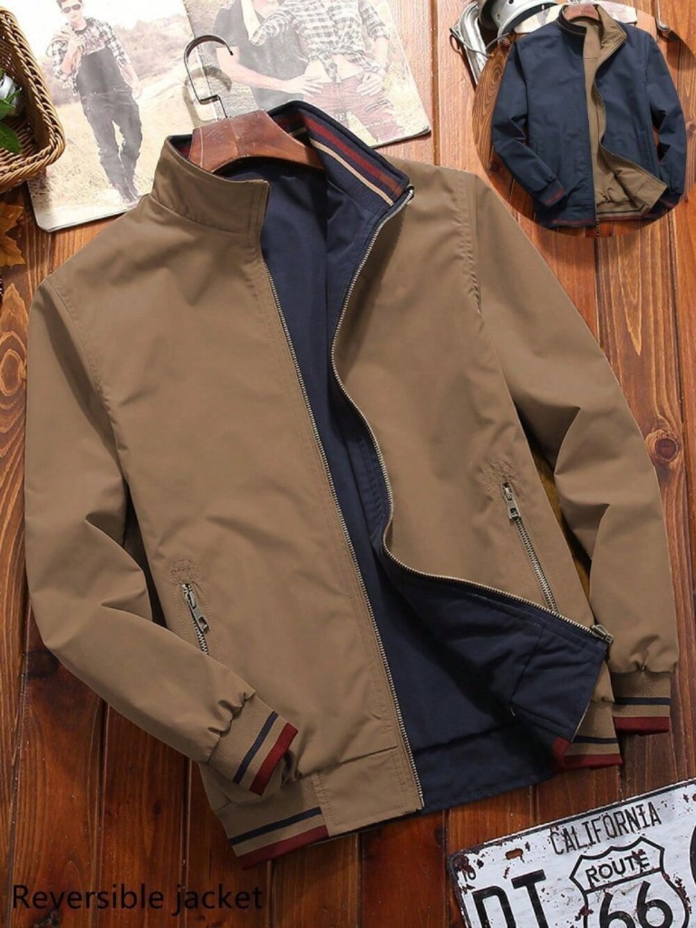 Khaki Modern Casual Men's Zippered Funnel Neck Windbreaker Jacket